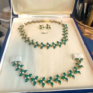 Beautiful Vintage Russian enamel Green Flower Set from 1907